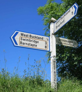 West Buckland road sign post to East Buckland, Swimbridge and Barnstaple