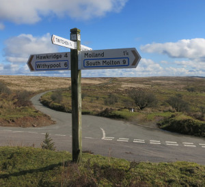 Exmoor-signpost; South Molton, Dulverton, Hawkridge, Withypool, Molland