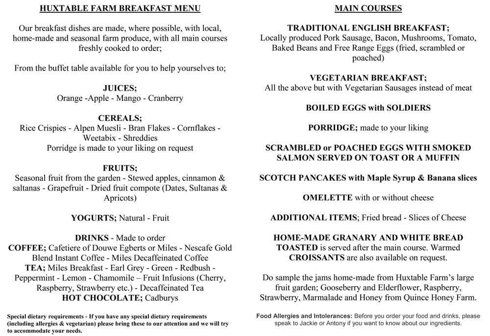 Huxtable Farm Breakfast Menu