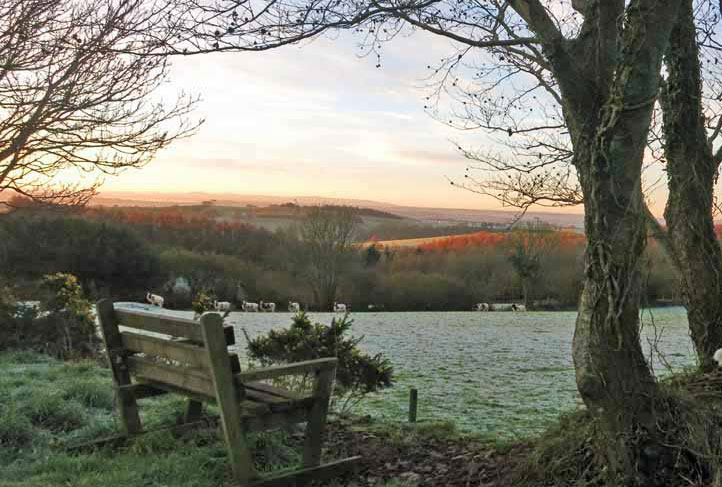 Huxtable Farm view from bench on a frosty morning