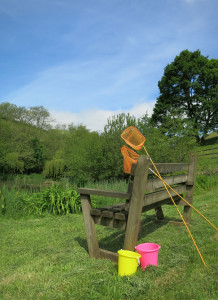 Fishing for tadepoles in Huxtable Farm's pond