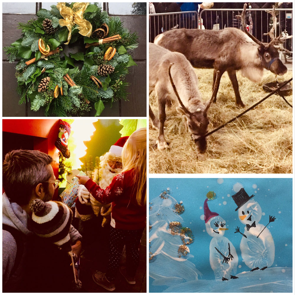 Happy Christmas from all at Huxtable Farm; Homemade wreath, Reindeer in South Molton Pannier Market, Santa at StJohns Garden Centre & home-made Christmas Card