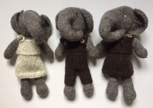 Elephants with removable outfit, Hand Knitted with Huxtable Farm Jacob Wool £19 each