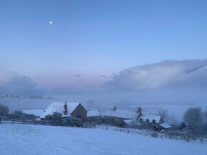 Snowy house & moon