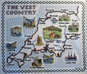 Devon cross stitch map with Huxtable Farm B&B near Barnstaple
